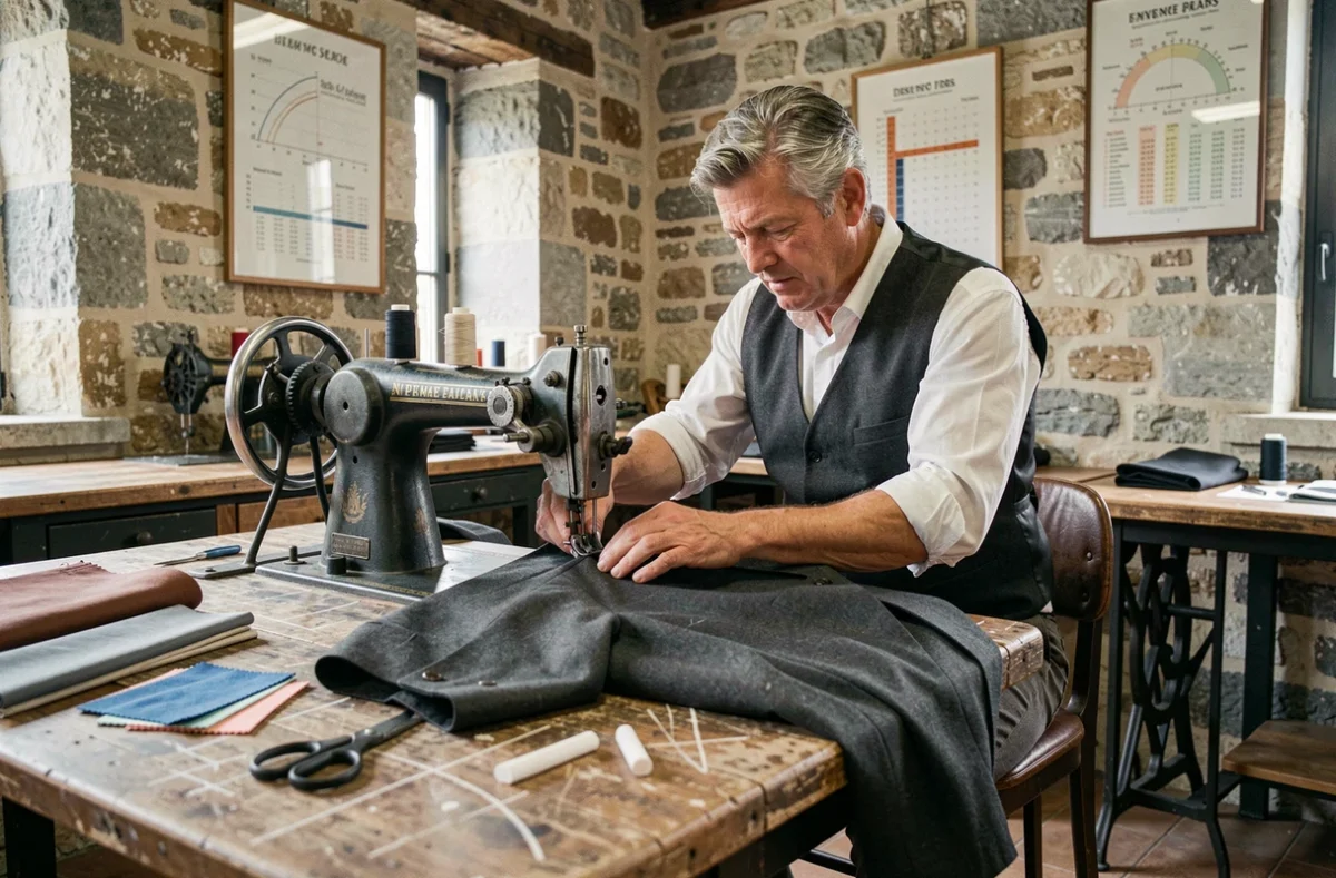 Tailleur expérimenté cousant une veste de costume en laine sur une machine industrielle dans une boutique de retouche à Reims