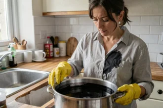 Femme préparant une teinture noire pour recouvrir une tache sur un vêtement gris clair dans une cuisine