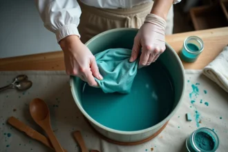 Femme teignant un tissu polyester blanc dans un bain de teinture turquoise, mains gantées au-dessus d'un plan de travail en bois avec des pigments de teinture