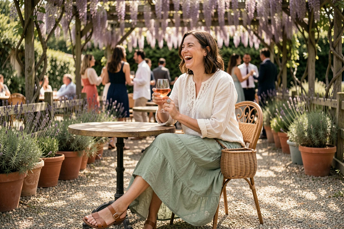 Femme bohème en blouse lin brodée et jupe longue sauge assise à une table de guinguette en terrasse, verre de rosé à la main