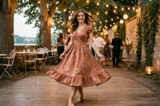 Femme en robe bohème florale terracotta qui tourne sur une piste de danse en plein air dans une guinguette française au crépuscule