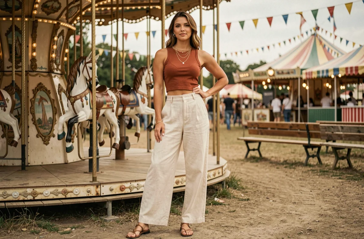 Femme en pantalon lin taille haute et top terracotta pour une guinguette, tenue moderne et tendance qui ne vieillit pas