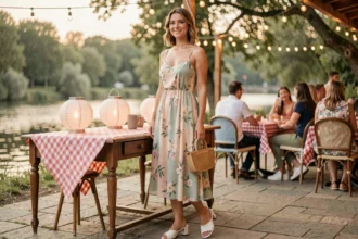 Femme en robe fleurie midi portée correctement pour une guinguette, look estival frais et non vieillissant au bord de l'eau