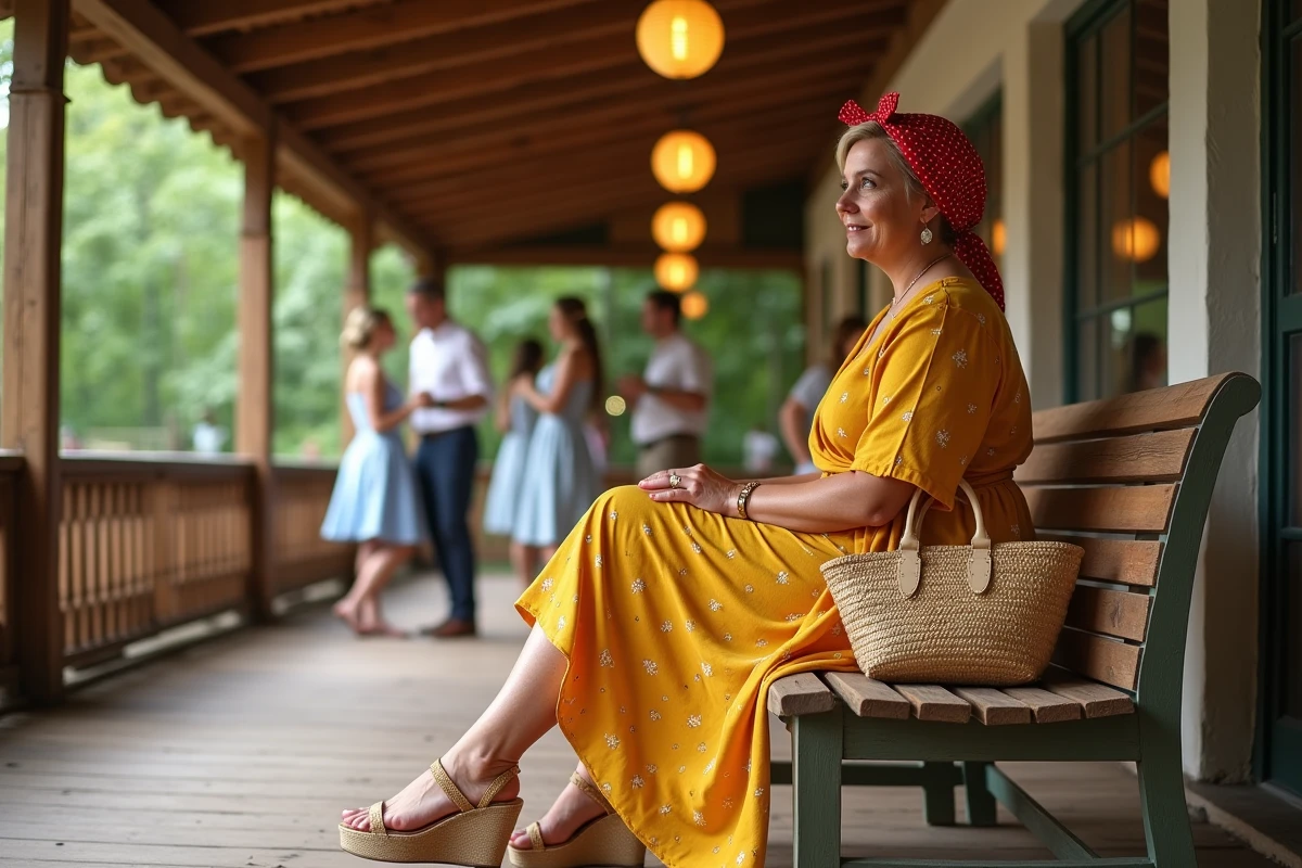 Femme grande taille en tenue guinguette robe jaune moutarde et foulard rouge assise dans un pavillon de guinguette français vintage
