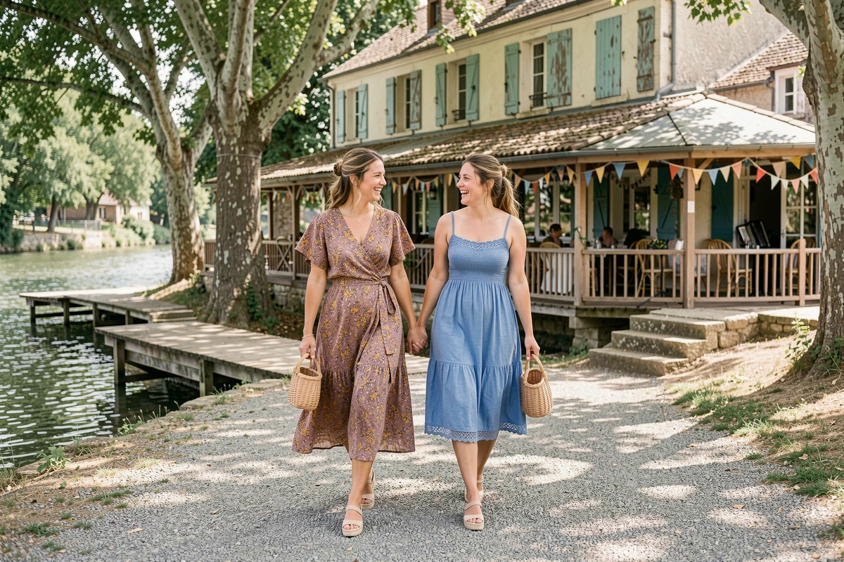 Deux femmes en tenues bohèmes légères et colorées marchant le long d'une guinguette au bord d'une rivière française