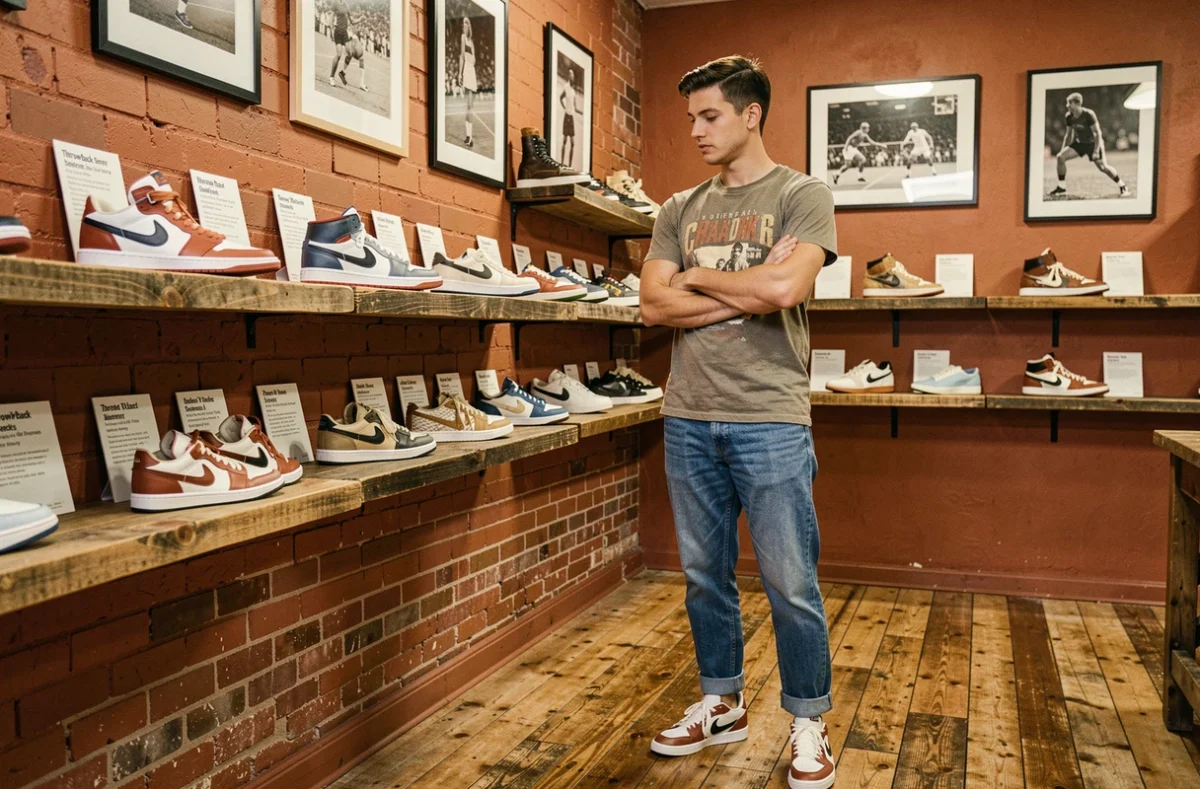 Boutique Throwback Sneakers avec ses étagères en bois et sa collection de sneakers rétro et vintage