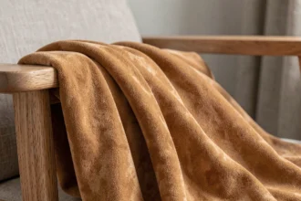 Tissu daim caramel drapé sur un fauteuil en bois style scandinave, détail texture veloutée et nap directionnel