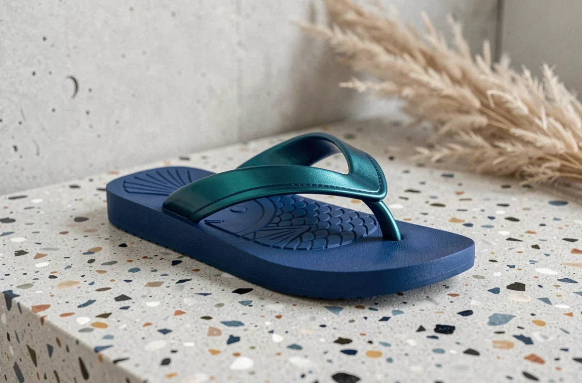 Détail en gros plan d'une tong poisson tendance 2026 bleu cobalt avec relief écailles et nageoires posée sur une surface en terrazzo dans un contexte boutique minimaliste