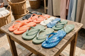 Collection de tongs poisson tendance 2026 aux couleurs corail, vert sauge et bleu électrique disposées sur une table en bois patiné dans un marché côtier
