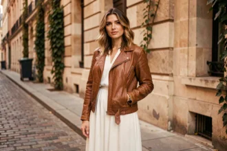 Femme portant une veste en cuir vintage marron sur une robe blanche midi dans une rue pavée parisienne, look casual chic de jour