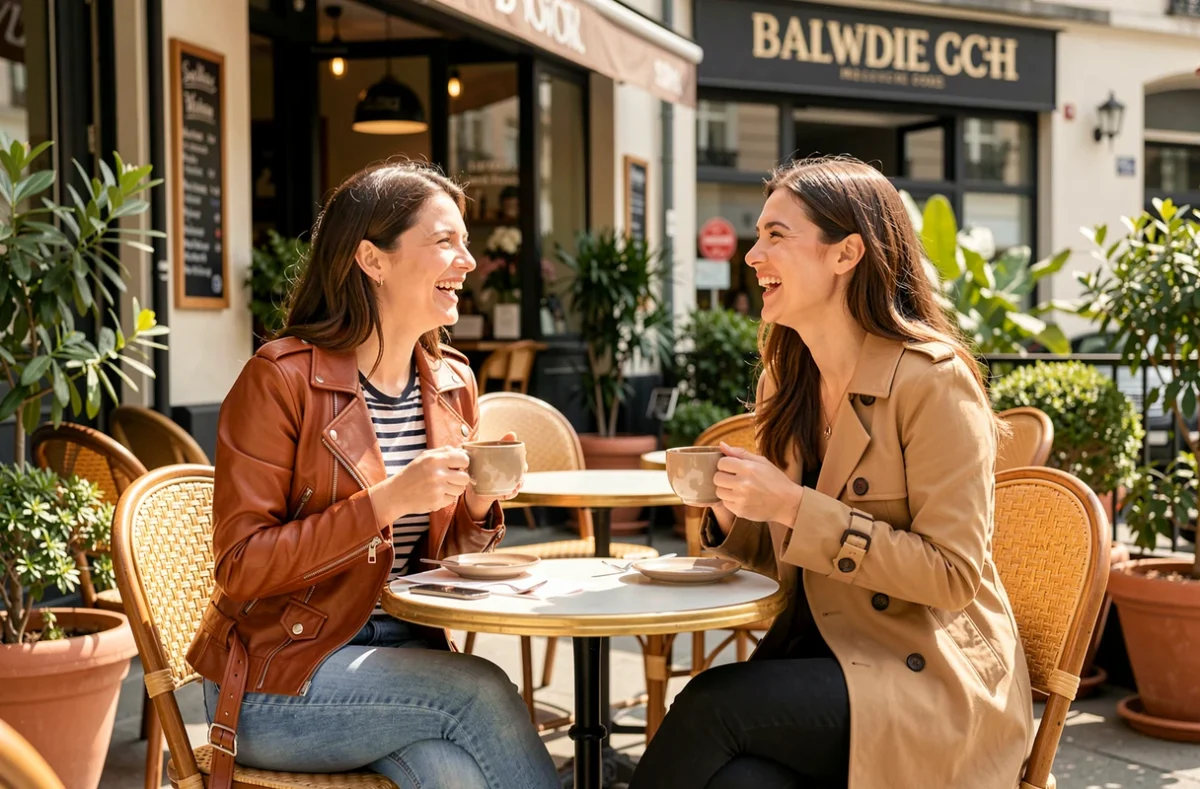 Deux femmes attablées en terrasse de café, l'une portant une veste en cuir biker vintage cognac avec un jean slim, look décontracté et stylé